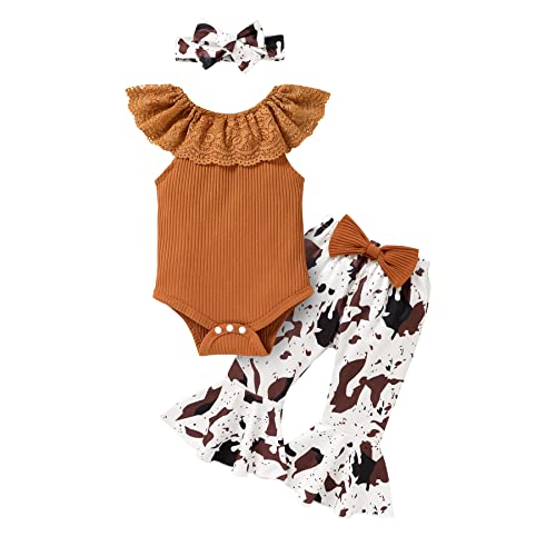 Image of YOUNGER TREE Newborn Infant Baby Girl Clothes Outfits Romper Bodysuit Floral Cow Print Pants Headband 3Pcs Summer Clothes Set
