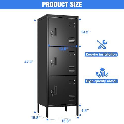 Image of Aobabo 16 inch W 3 Door Metal Storage Locker with Lock, 47 inch H Steel Locker with Name Card Holder and Metal Leg for School, Home, Office, Playroom, Assembly Required, Black