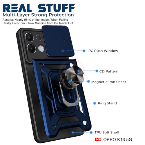 Image of Armor Bumper Back Cover Case for Oppo K13 5G | Rotating Camera Cover, Ring Holder & Kickstand | Heavy Duty & 360 Degree Protection Oppo K13 5G Back Cover (Blue)