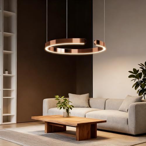JINWELL Lampada A Sospensione Da Tavolo A LED, Dimmerabile Moderno Di Design Ad Anelli Lampada Da Sala Da Pranzo In Alluminio Per Scale Lampada Da Tavolo Da Pranzo Ufficio Cucina(Rose gold,60cm)