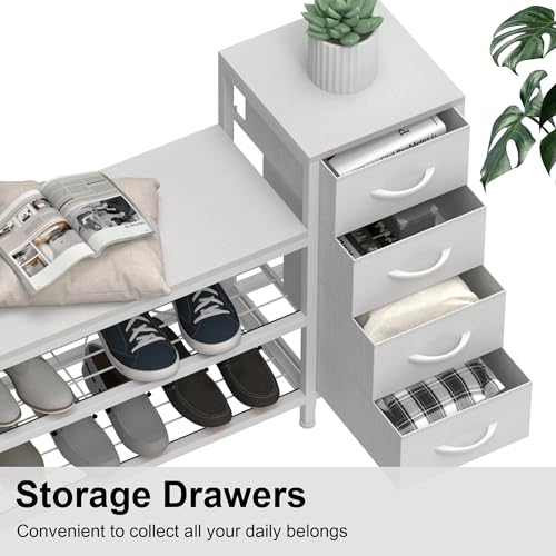 Image of EXOTICA Industrial Shoe Storage Bench with 4 Drawers & Seat, White