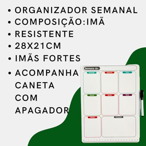Organizador Semanal de Geladeira Planner Magnético Com régua e Caneta Escreve Apaga
