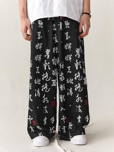 Image of GRECIILOOKS Mens Boho Hippie Harem Pants | Black Printed Wide-Leg Trousers | Koren Streetwear Loose Baggy Fit Summer Lounge Yoga Lowers |Trouser Relaxed Fit for Men