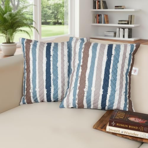 Image of STITCHNEST 'QuadraNest' Series Printed Quilted Velvet Cushion Cover 16x16 Inch Set of 2 | Premium Soft Fabric, Washable & Fade Resistant | Decorative Living Room Cushion Covers | Blue & Beige Striped