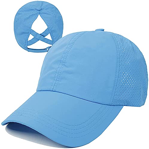Bonvince Womens Criss Cross Ponytail Hat Quick Drying Baseball Cap Sun Hats UV Protection Sport Cap, Blue, Medium-Large