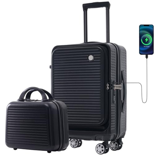 Tibokwoop Carry-on Luggage 20 Inch Front Open Luggage Lightweight Suitcase with Front Pocket and USB Port, 1 Portable Carrying Case, Black, Carry-on