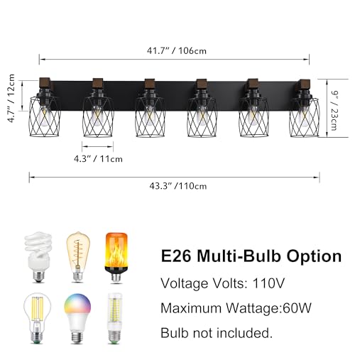Image of Farmhouse 6-Light Wood Bathroom Vanity Light, Black Metal Cage Shade | Mounted Over Mirror, Industrial Rustic Style, Ideal for Bathroom, Bedroom, Hallway & Living Room, Easy To Install