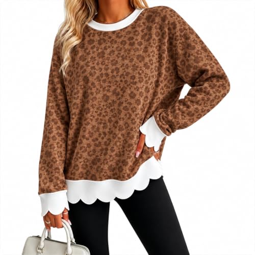 Leopard Print Sweatshirt Womens Patchwork Scalloped Y2K Crewneck Pullovers - image 4
