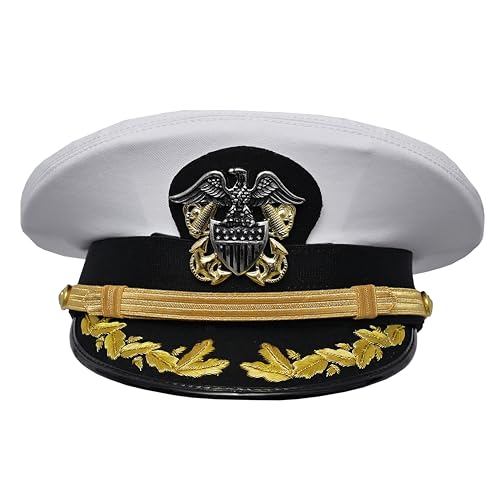 Image of USA Navy Captain Hat White Cotton Removeable Gold Chin Strap Metal Insignia 58cm