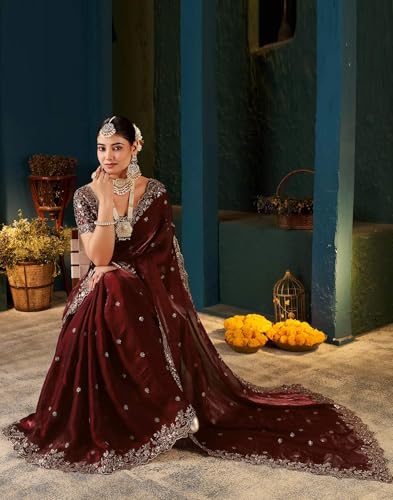 Image of Sidhidata Women's Soft Fandy Satin Embroidered Saree With Multi Sequence Cut Work Boarder & Comes With Unstitched Blouse Piece (Jimmy Free Size)