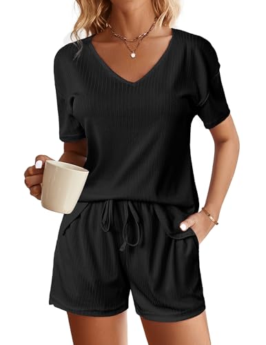 Ekouaer Womens Ribbed Knit Lounge Set Short Sleeve Top and Shorts Sleepwear Pajama Set Two Piece Shorts Outfits Set