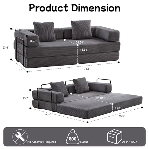 Image of Convertible Floor Sofa Bed, Foldable Mattress Cloud Couch with Pillow Back & Armrest, Corduroy Sleeper Sofa Bed with Fixed-Shape Frame, Compressed Couch for Living Room Bedroom, Dark Gray