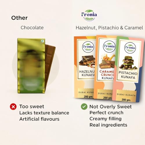 Image of Fronia Kunafa Chocolate Triple-Flavor Combo Pack Dubai Style - Pistachio, Hazelnut & Caramel Kunafa Chocolate Dessert, Milk Chocolate with Creamy Pistachio, Hazelnut & Caramel Filling & Crunchy Kunafa Layers | 200g Each