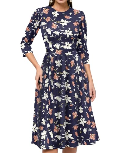 Image of Simple Flavor Women's Floral Vintage Dress Elegant Midi Evening Dress 3 /4 Sleeves