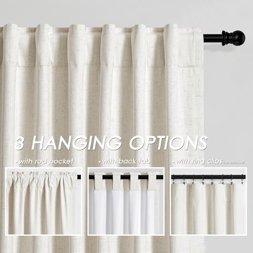 Image of Beige White 100% Blackout Linen Curtains 108 Inches Long for Bedroom Back Tab Thermal Insulated Modern Farmhouse Decor Black Out Curtain for Living Room Floor to Ceiling High Window 52x108, 2 Panels