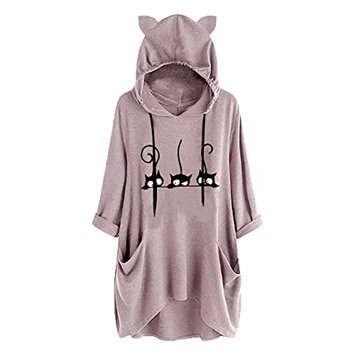 LuckyLucy Cute Katzenohren Sweatshirt GroßE GrößEn Lose Kapuzenpullover mit Tasche und Kordel 3/4 Ärmel Hoodie Pullover 2021 Herbst Winter Top Oberteile Cover