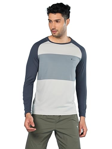 Image of TECHNOSPORT Men's Slim Fit Polyester Color Block Athleisure Crew Neck T-Shirt with Full Sleeve, Moisture Wicking and Quick Dry
