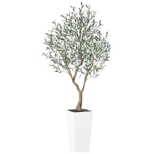 SOGUYI 7FT Artificial Olive Tree, UV Resistant Faux Olive Tree in White Taper Planter, Lifelike Faux...