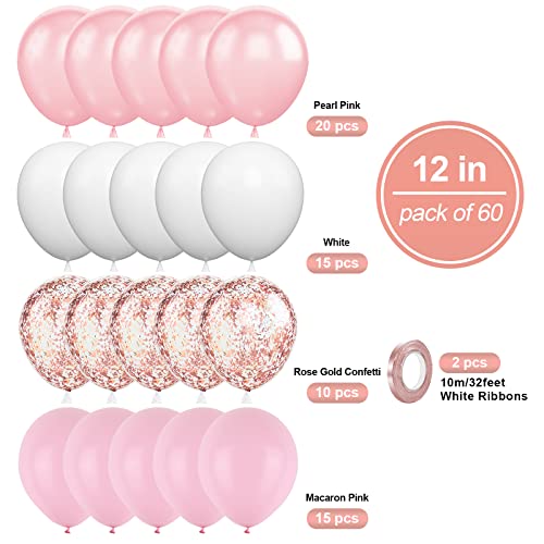 Image of Pink White Balloons, 60PCS Pink White Birthday Balloons, 12 Inch Metallic Pink Latex Balloons Rose Gold Confetti Balloons for Helium Party Balloons for Girls Birthday Wedding Baby Shower Decoration