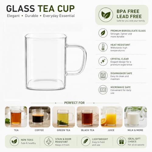 Image of IndusBay Pack of 2, 230 ML Square Borosilicate Glass Tea Cups Clear Glass Tea Coffee Mugs with Handle, Microwave Safe, Clear