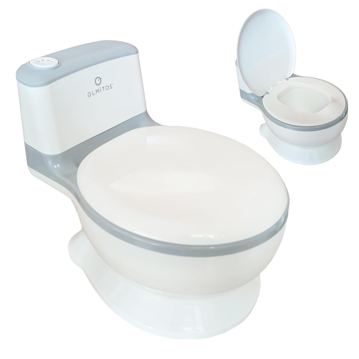 Olmitos – Orinal para bebé WC 2 Infantil Blanco - Con portarrollos interior para el papel y botón con sonido de descarga – Antideslizante con vaso interior extraíble, aprende a ir al baño