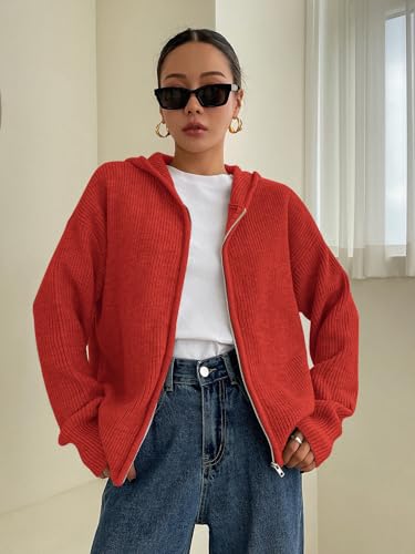 Image of SOLY HUX Zip Up Cardigan for Women Hooded Cardigan Sweater Knitted Drop Shoulder Fall Clothes Winter Hoodies Outerwear