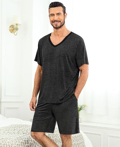 SWOMOG Mens Pajama Sets 2PCS Short Sleeve Pjs Sets V Neck Sleepwear Soft Loungewear Classic Nightshirt Sets with Pockets Nightwear Deep Gray