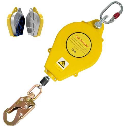 VFDZ Dispositif Antichute a Rappel Automatique, 10m Harnais de Securite Anti Chute Rétractable Professionnel, 150kg Protection Antichute Rétractable pour Travaux sur Toit et Aériens(Jaune,10m)