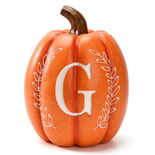 Datyiiha Fall Monogrammed Pumpkin Decor 8.9 Inch Resin Pumpkin Personalized Fall Decor for Fall Thanksgiving Table Centerpieces Outdoor Porch Decor (G) by Datyiiha - Used condition - US$18.39