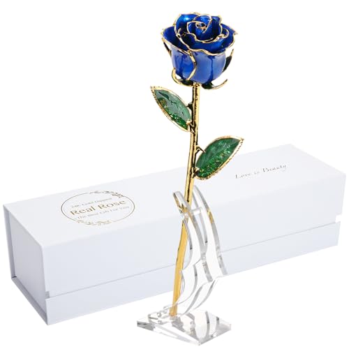 Image of 24K Gold Rose, Dipped Rose is Attractive Luster and Natural Shape, Best Gifts for Anniversary Wedding Valentines Day (Blue Original Rose with Stand)