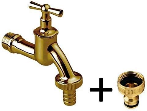 GOSHE Outside Tap with Garden Hose Pipe Connector and Quick Connect Fitting, Water Butt Tap, 3/4" BSP Inlet - Vintage Polished Brass, Poppet Valve, Bib Tap, Outdoor Tap Connector, Built to Last