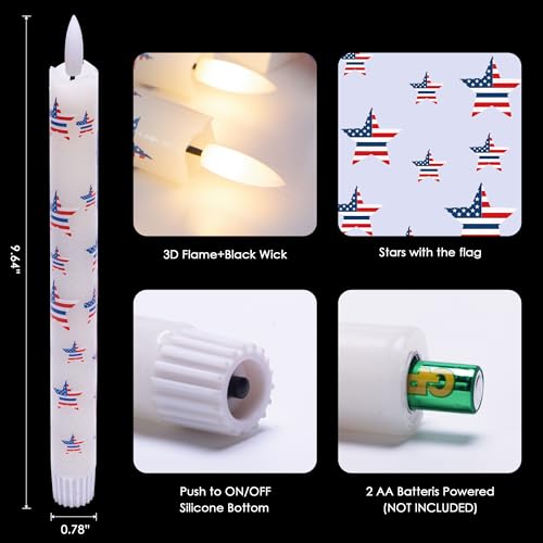 Image of JOIONE Patriotic Flameless Taper Candles with Remote, 3 Pack Star Sticker | Battery Operated, Star Stickers, Real Wax, Remote Control, Warm Flickering Glow, 4th of July Independence Day Party Decor