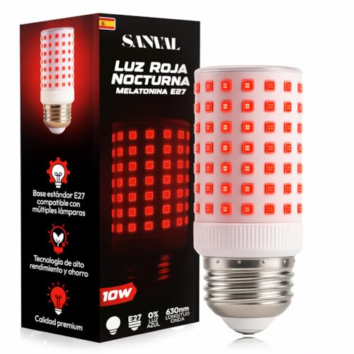 SANVAL Luz Roja Nocturna Melatonina E27 - Bombillas Led E27 Luz Calida - Bombilla Led para Dormir - Tecnología Flicker Free + 0% Luz Azul - Mejora del Ritmo de Descanso e Ideal para Leer.