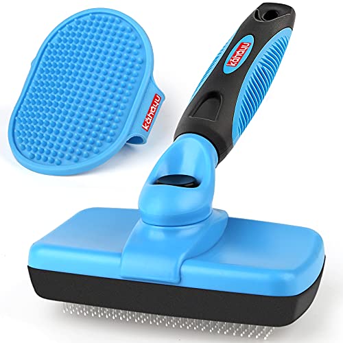 Self Cleaning Slicker Brush + Free Pet Grooming Brush- Dog Brush / Cat Brush Easy to Clean Pet Grooming Brush Remove Mats, Deshedding Tool for Pet – Gently Removes Long and Loose Undercoat