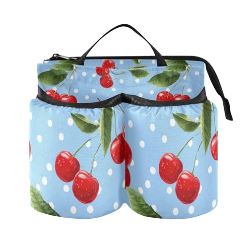 Image of Luggage Cup Holder for Suitcases Free Hands Suitcase Cup Holder Travel Luggage Drink Holder Portable Luggage Cup Caddy Bag Carrier with Handle Light Blue Dots Red Cherry