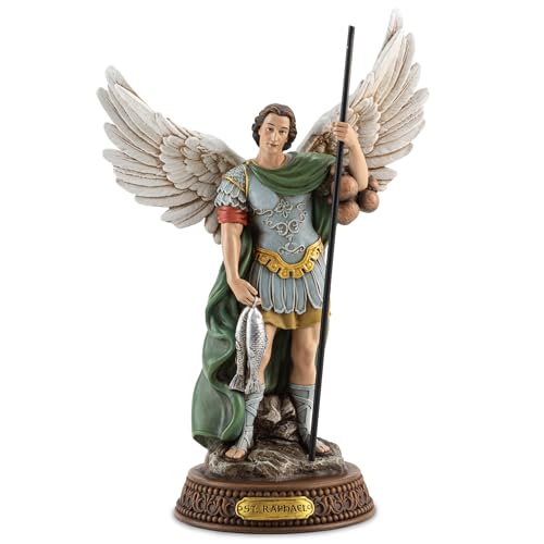 DevotedWalls 10.2H Saint Raphael Statue Painted in Full Color Angel St. Raphael with Name Plate on Base Travel Protection Patron Archangel Saint St. Rafael Estatua del Arcngel San Rafael Figurine