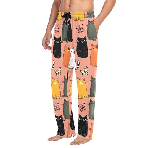 Men's Pajama Bottom Cats Butterflies Cartoon Cotton Pajama Pants Drawstring Sleepwear Long Pants Pockets4