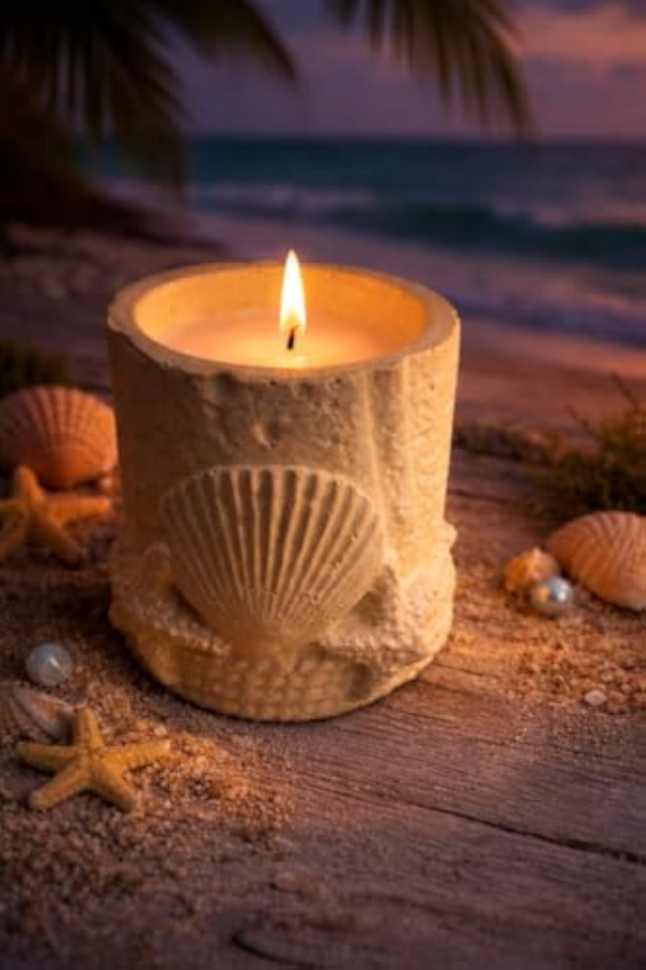 Sand Textured Candle with Seashell Design, Pack of 3