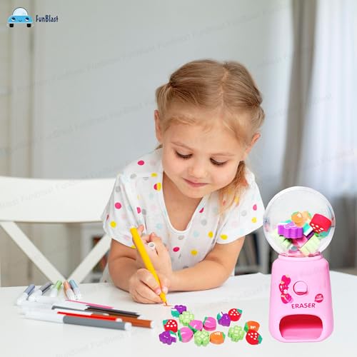 Image of FunBlast Machine Eraser Set - 15 Pcs Fruit Shaped Eraser Dispenser Toy, Mini Kawaii Erasers for Kids, Fancy Erasers for School & Office, Stationery Supplies, Birthday Return Gift for Kids (Pink)