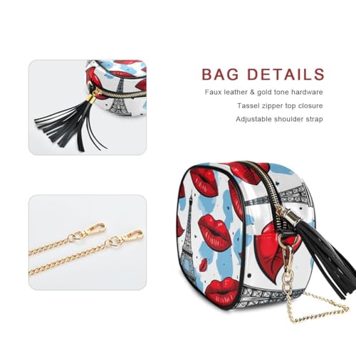 ALAZA Women's Paris Eiffel Tower Red Lips PU Leather Crossbody Bag Shoulder Purse with Tassel2