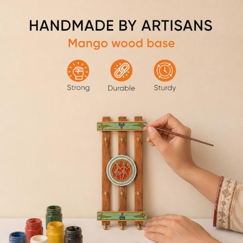Image of AAKRITI ART CREATIONS Key Holder, Brass Elegance Key Hanger | Rustic Teak Wood Wall Organizer with 6 Hooks | New Home Gifts | Multifunctional Entryway Decor Item