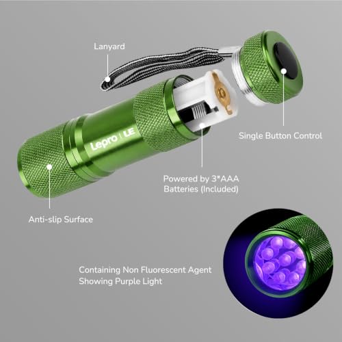 Image of Lepro 365nm UV Flashlight, Small Portable Black Light Detector for Invisible Ink Pens, Dog Cat Pet Urine Stain, AAA Batteries Included