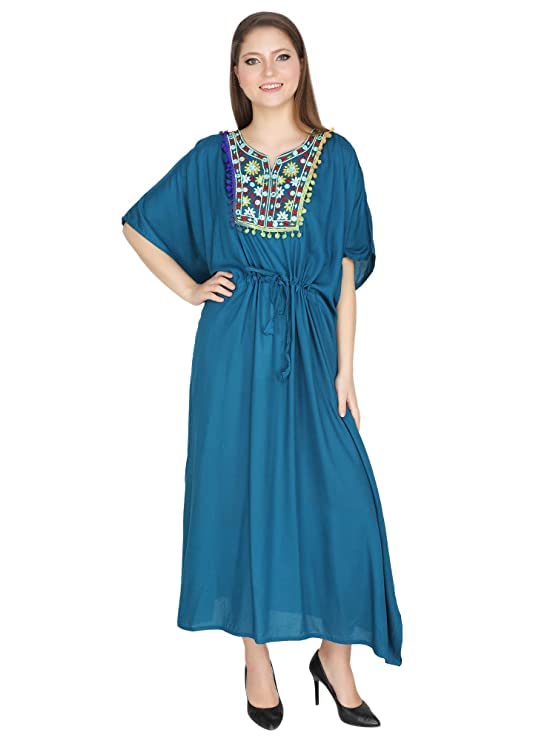 cigain Women’s and Girl’s Summer Embroidery Short Sleeve Bikini Swimsuit Cover Up Maxi Kaftans Beach Dress (Small, Teal)-picture-23