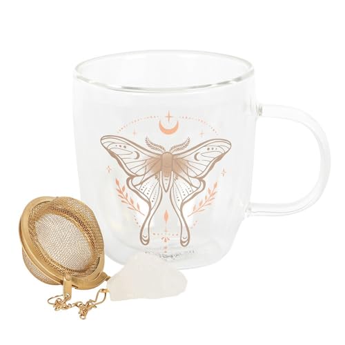 Something Different Wholesale Double-Walled Glass Tea Mug with Luna Moth Design & Clear Quartz Crystal Infuser – Insulated, Ideal for Loose Leaf Tea, Enhances Flavor & Promotes Relaxation