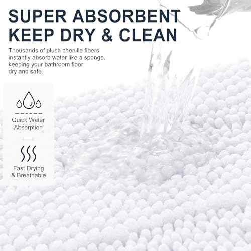 Image of Smiry Thick Chenille Bathroom Runner Rugs 44x24, Extra Absorbent Striped Bath Mat, Machine Washable, Rubber Backing, Long Bath Rugs for Tub & Shower, Modern Home Decor Accessories, White