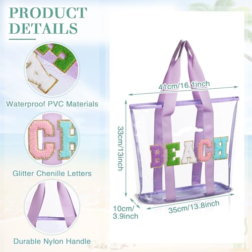 4 Pcs Chenille Letter Beach Tote Bag Waterproof PVC Preppy Bags with Nylon Handles Large Clear Beach Tote Bag Transparent Travel Stadium Tote for Women Summer Pool Party2