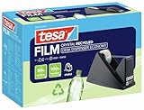 tesa DESK DISPENSER ECONOMY RECYCLED - Gehäuse 100% recycelter Kunststoff aus Produktionsresten - Klebeband Tischabroller mit 1 Rolle tesafilm CRYSTAL RECYCLED 10 m x 19 mm