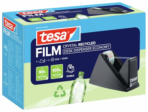 tesa DESK DISPENSER ECONOMY RECYCLED - Gehäuse 100% recycelter Kunststoff aus Produktionsresten - Klebeband Tischabroller mit 1 Rolle film CRYSTAL RECYCLED 10 m x 19 mm