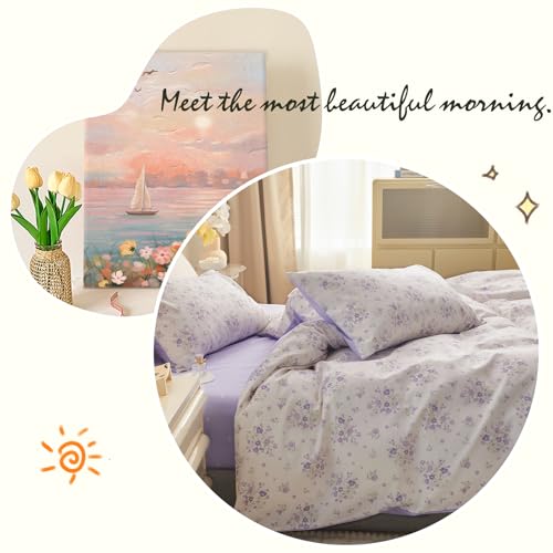 VM VOUGEMARKET Purple Flower Duvet Cover Set Twin Cotton 3 Pcs Girls White Lavender Comforter Cover with Zipper Closure,Romantic Duvet Cover + 2 Pillowcases for Spring