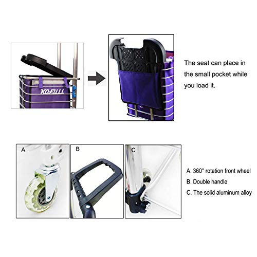 KOFULL Grocery Laundry Utility Foldable Shopping Cart, Aluminum Alloy 3-Wheel Stair Climbing with Cover (Can sit) Body Weight 220 Ib Free Hook Luggage Rope Storage Bag-177 Ib Capacity(Purple)